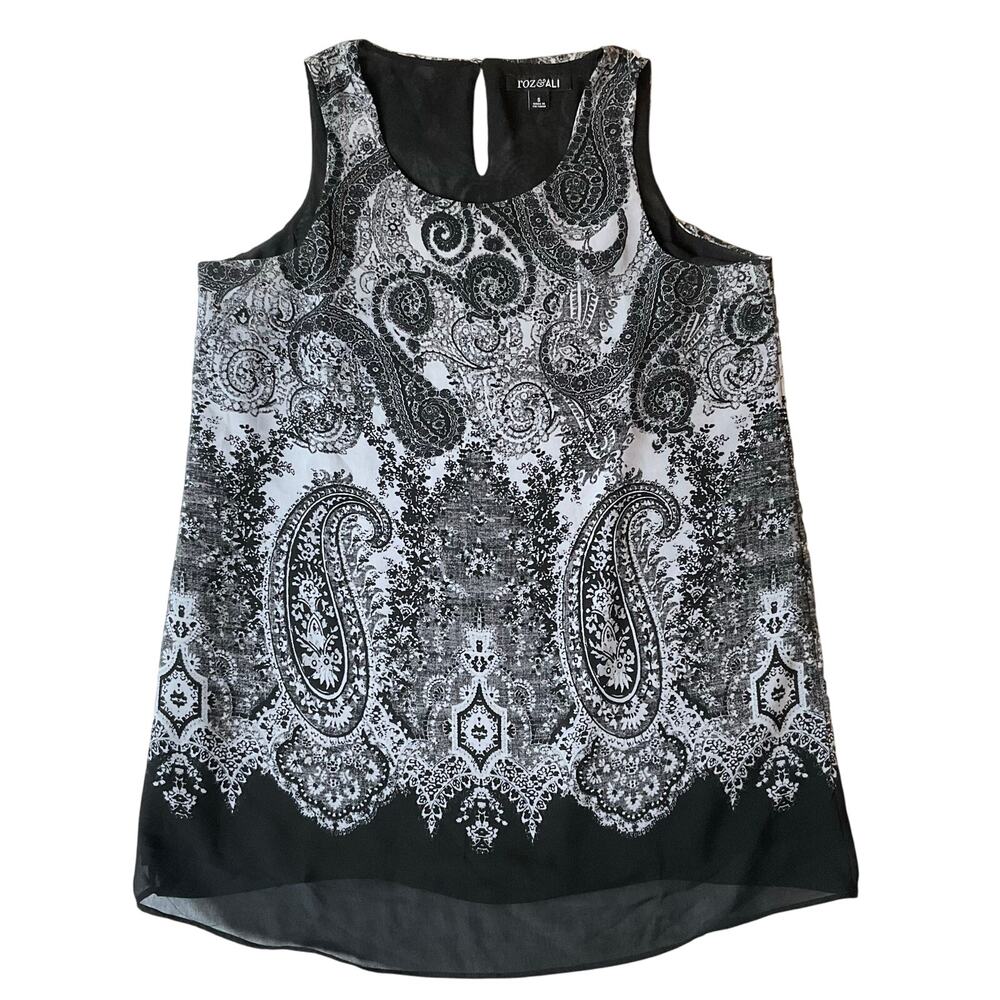 Roz & Ali Women Blouse size S Sleeveless CrewNeck Lightweight Floral Black White